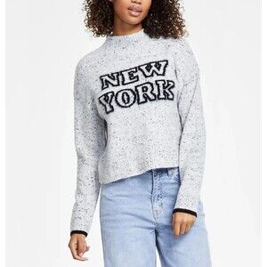 Hooked up by Iot Juniors' New York Mock Neck Eyelash Sweater - New York Grey